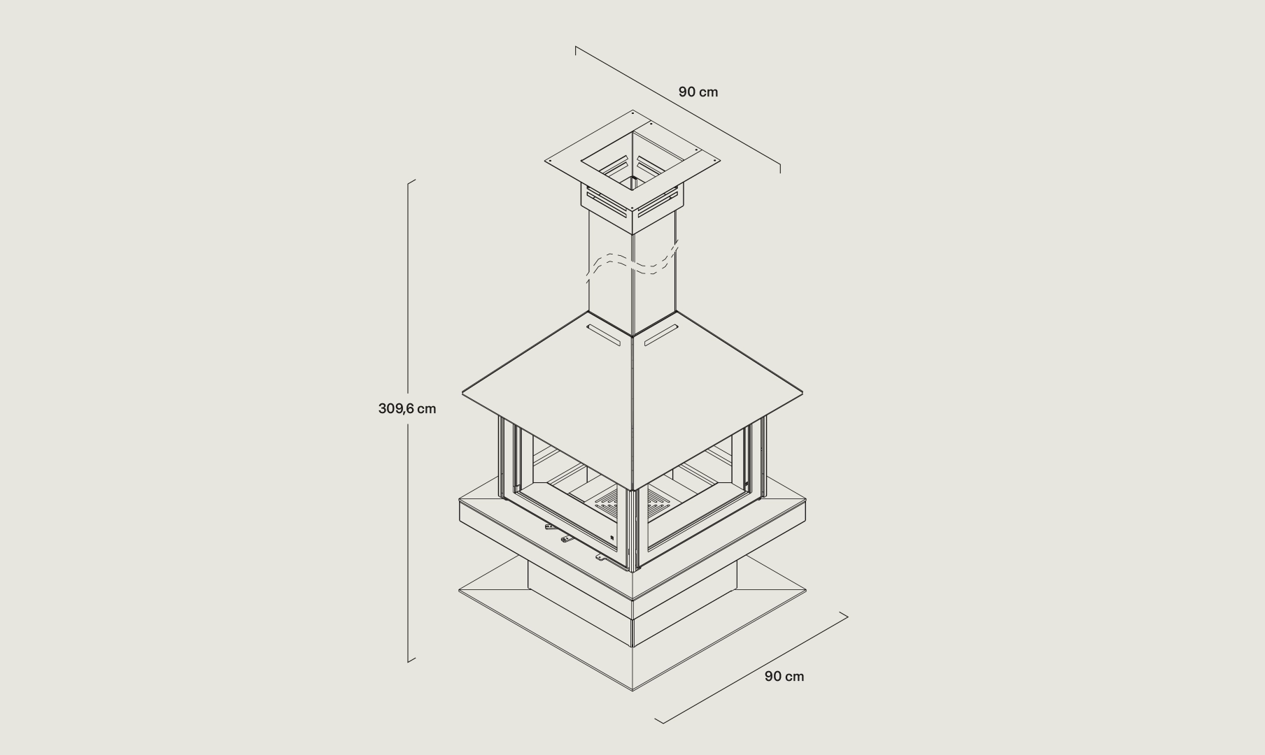 Dibujo vectorial de la chimenea Giselle 90 de Rocal con sus medidas 