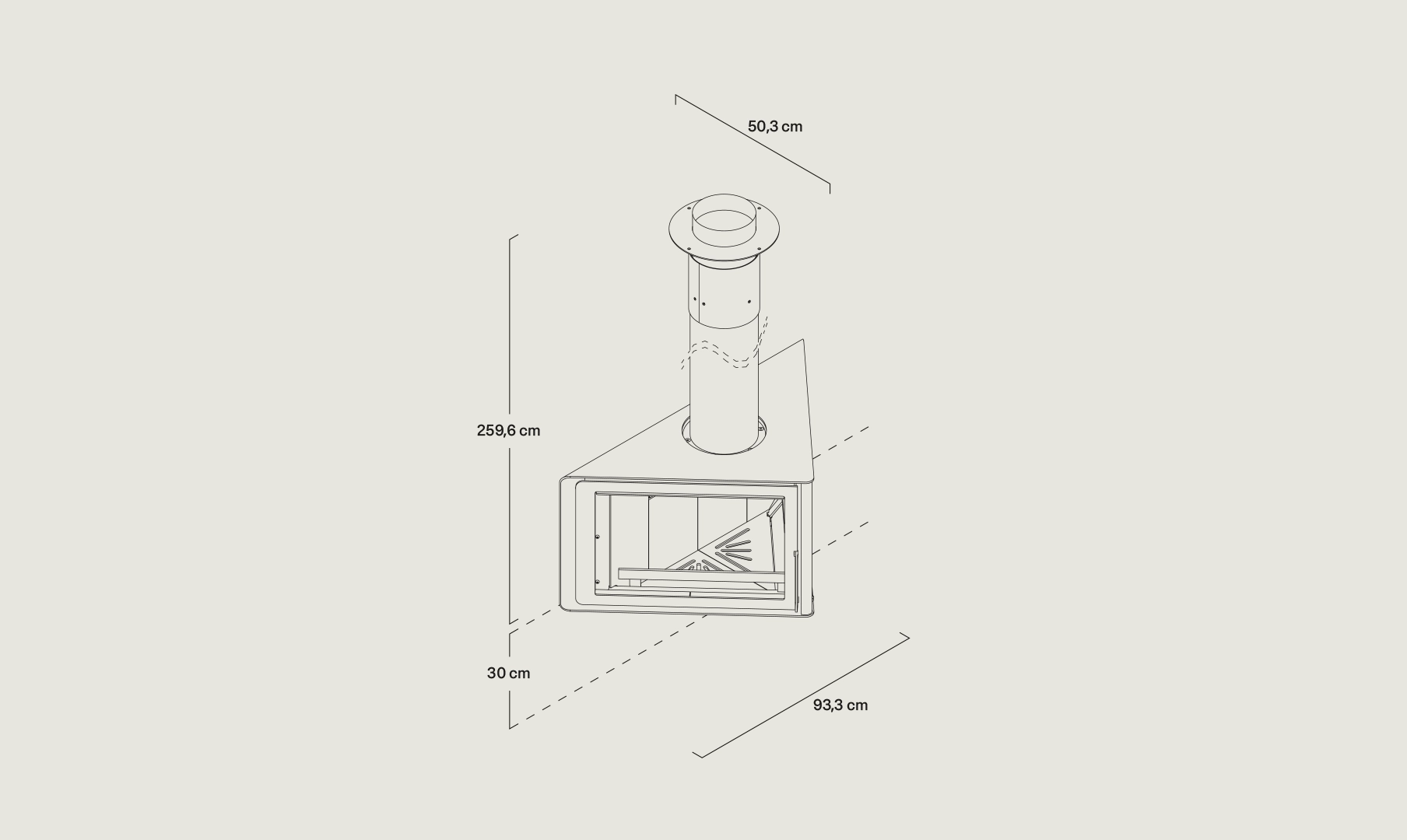 Dibujo vectorial de la chimenea de Vertex de Rocal con sus medidas 